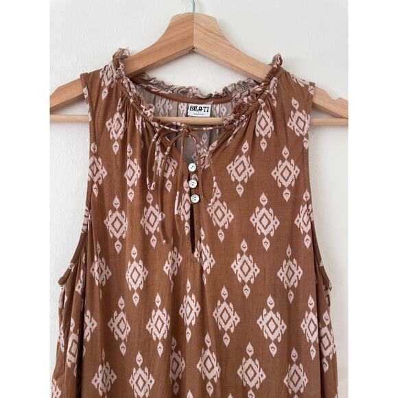 Bila77 Brown Geometric Sleeveless Rayon Maxi Sun Dress Sz L Boho Retro Hippie - Picture 1 of 8